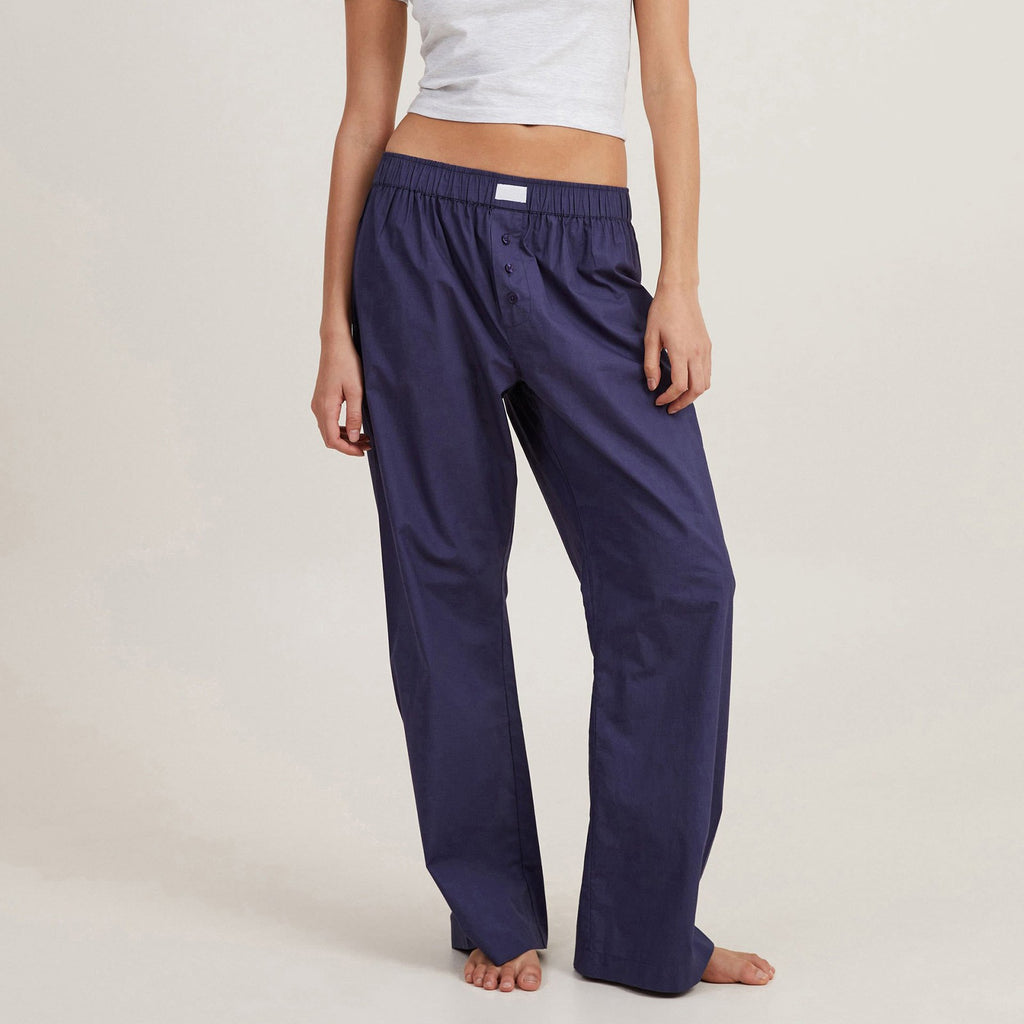 Cotton Pyjama Style Wide Leg Trousers - Blue