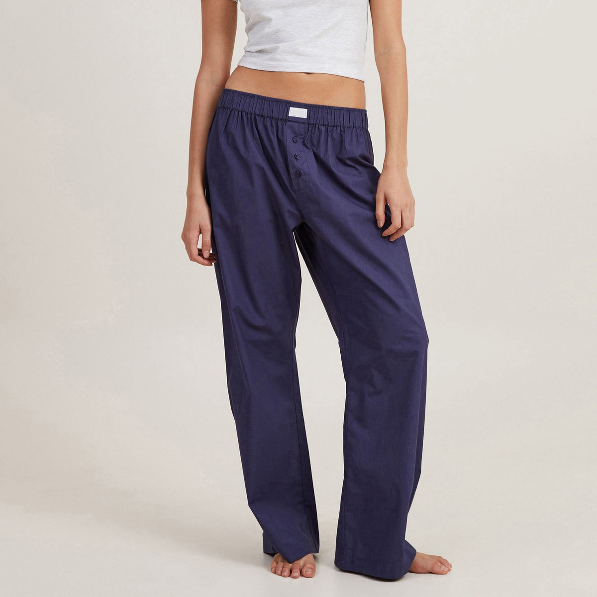 Cotton Pyjama Style Wide Leg Trousers - Blue