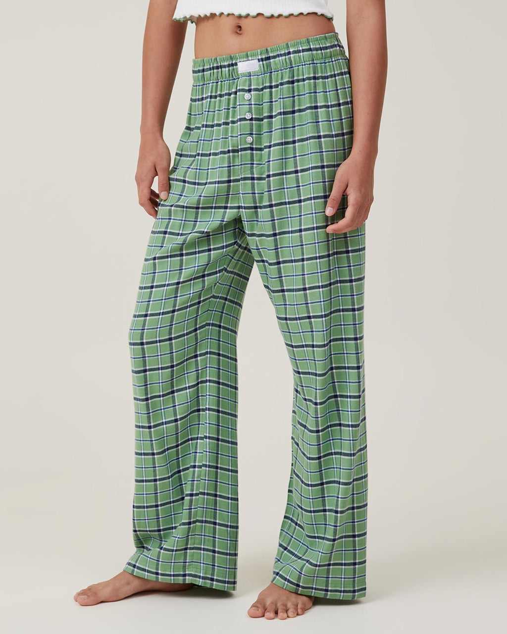 Cotton Pyjama Style Wide Leg Trousers - Green