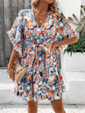 Abstract Floral Wrap Mini Dress With Flutter Sleeves - Blue