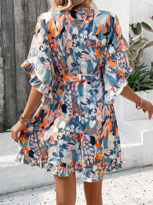 Abstract Floral Wrap Mini Dress With Flutter Sleeves - Blue - 1