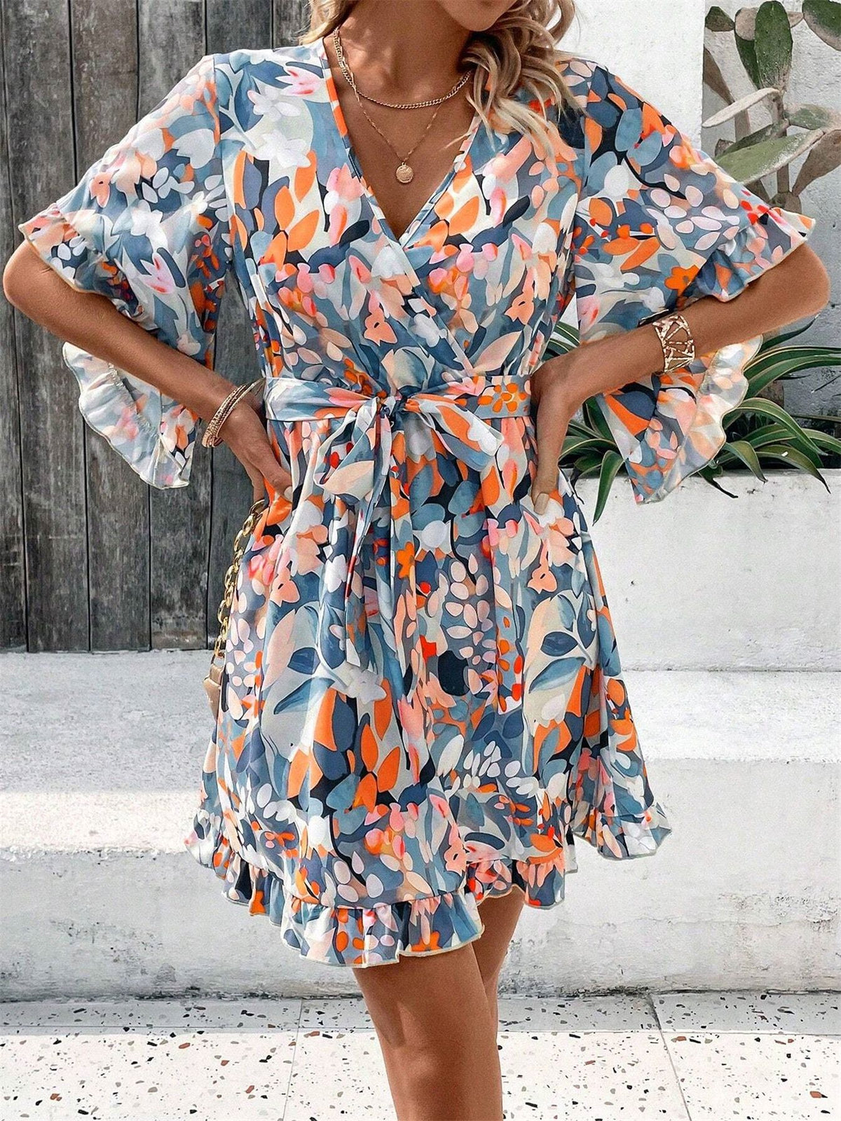 Abstract Floral Wrap Mini Dress With Flutter Sleeves - Blue - 2