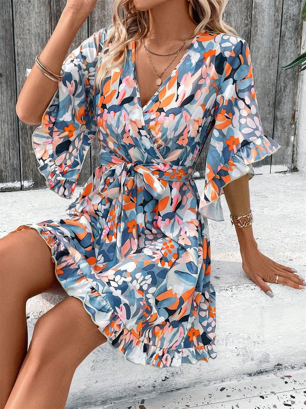 Abstract Floral Wrap Mini Dress With Flutter Sleeves - Blue - 3