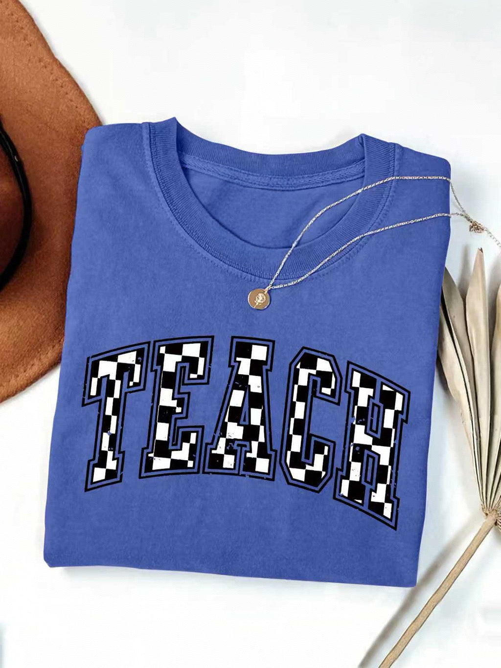 Checkerboard Teach Letter Print Teacher Tee - Blue
