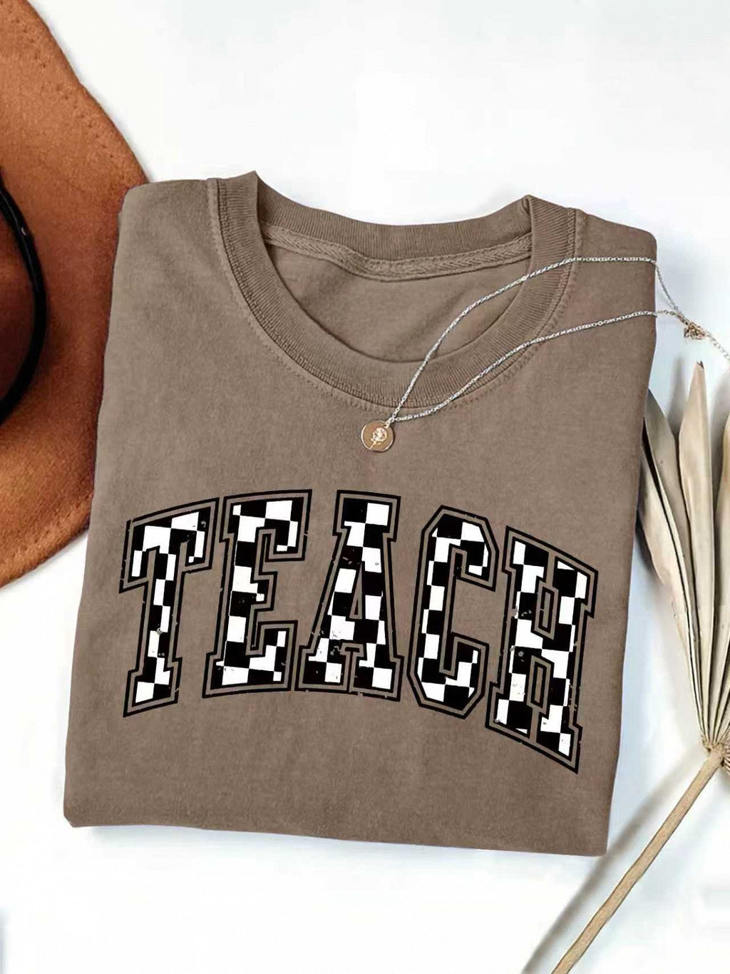 Checkerboard Teach Letter Print Teacher Tee - Coffee