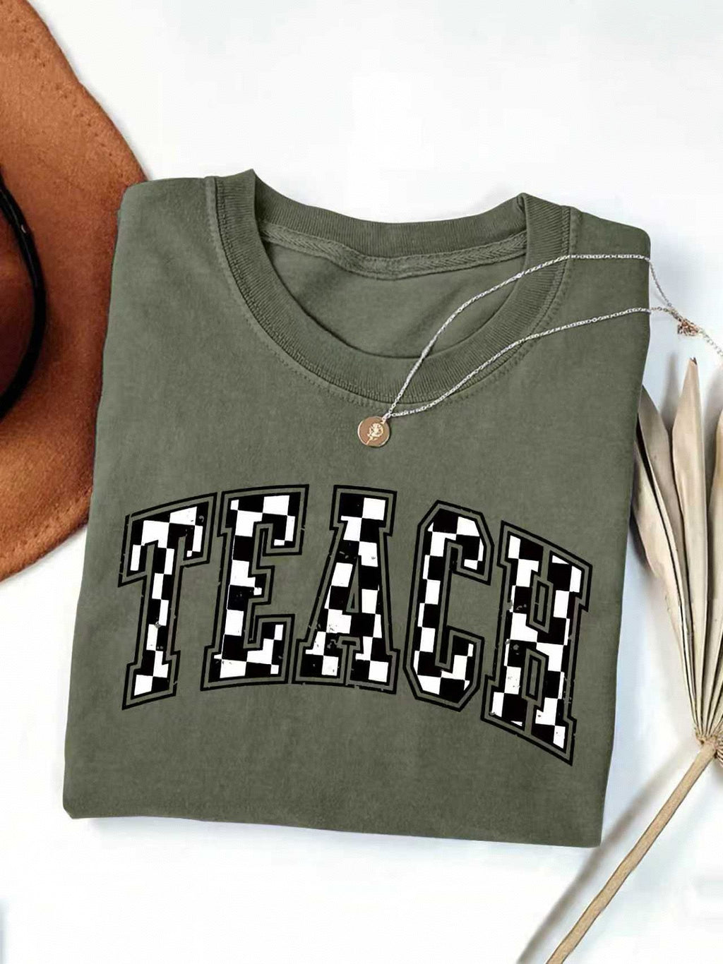 Checkerboard Teach Letter Print Teacher Tee - Green