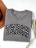 Checkerboard Teach Letter Print Teacher Tee - Grey