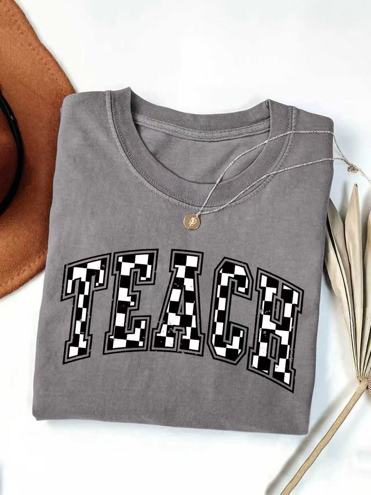 Checkerboard Teach Letter Print Teacher Tee - Grey