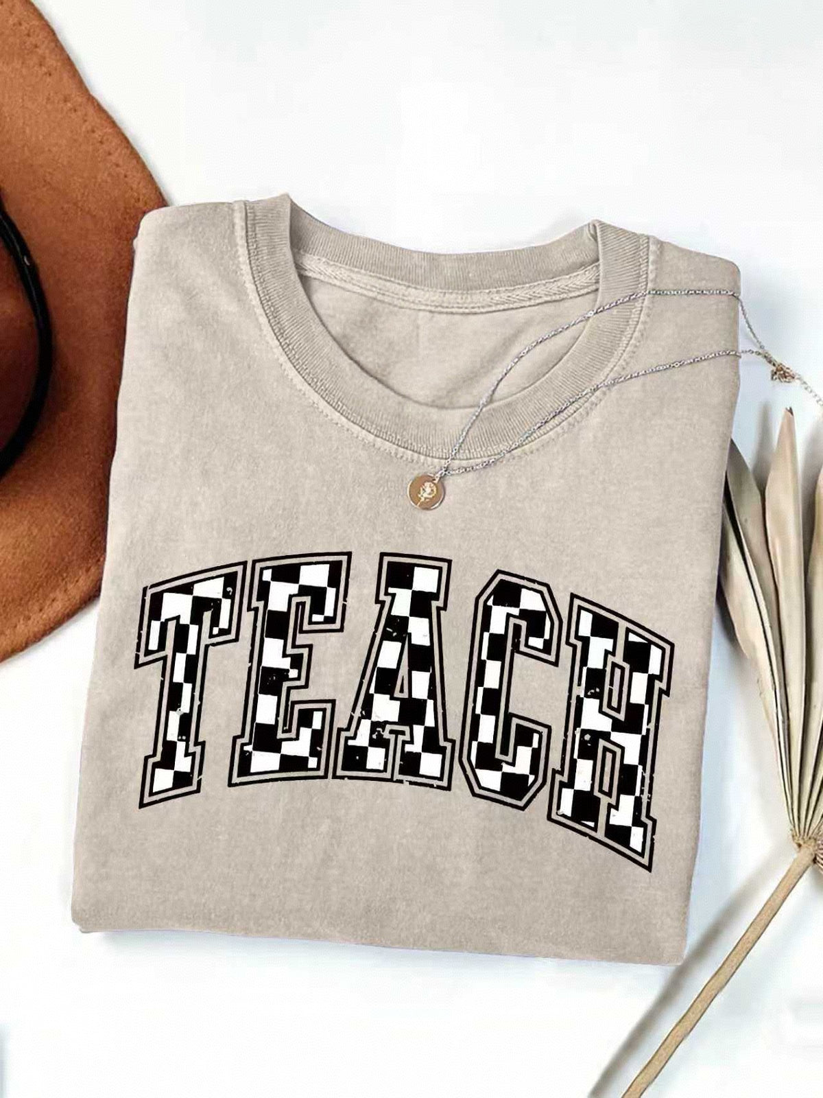 Checkerboard Teach Letter Print Teacher Tee - Khaki