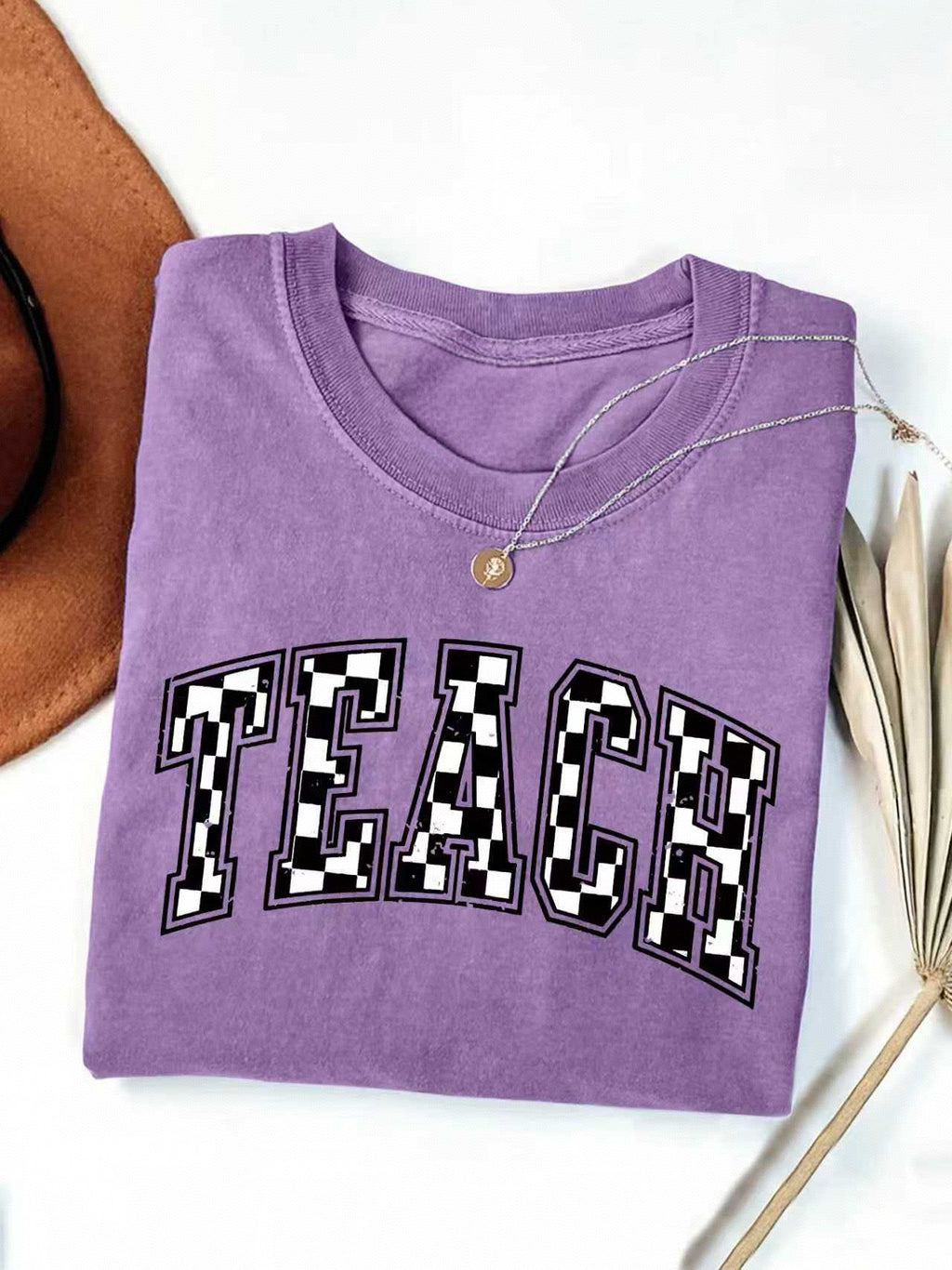 Checkerboard Teach Letter Print Teacher Tee - Purple