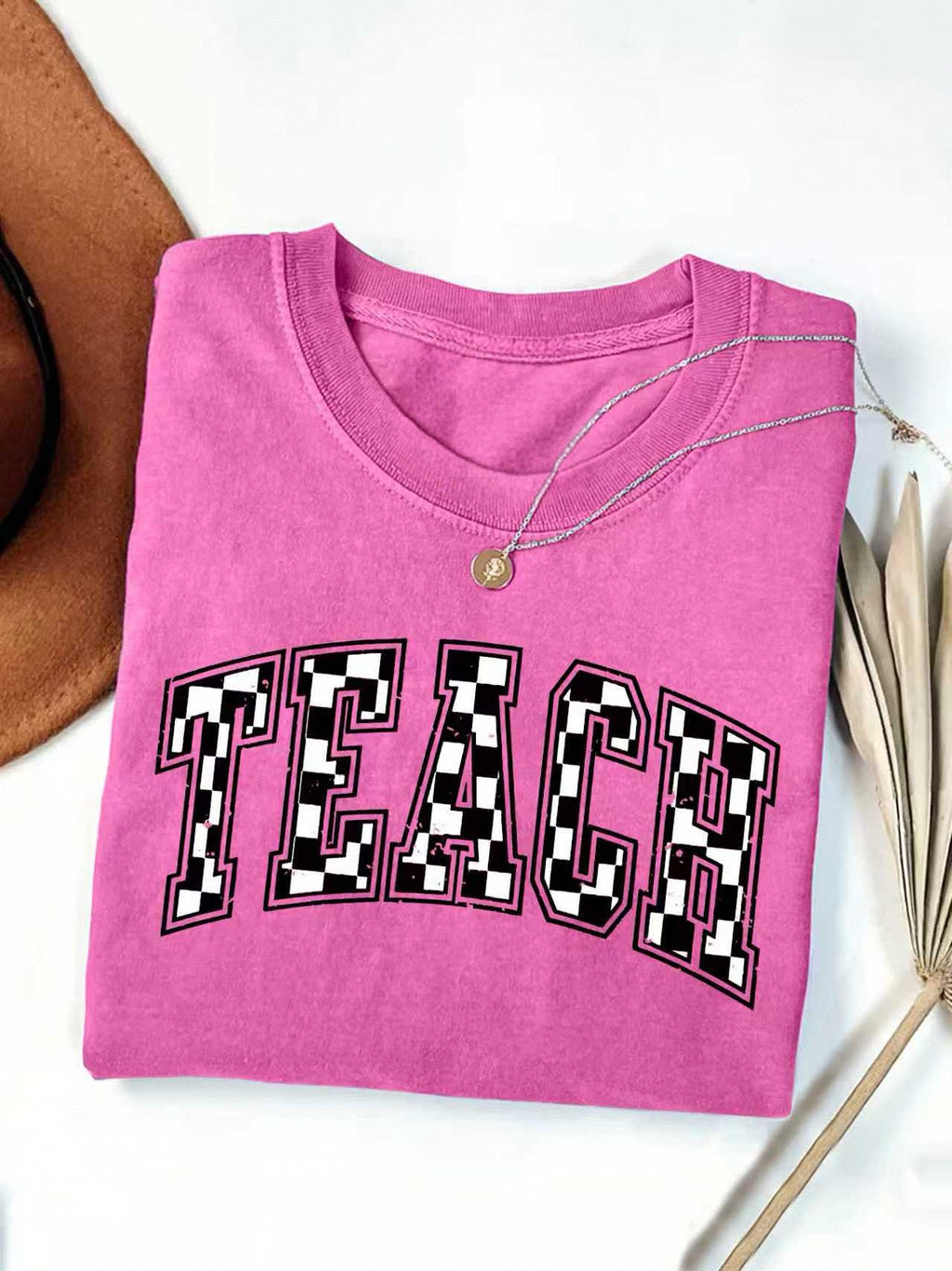 Checkerboard Teach Letter Print Teacher Tee - RoseRed