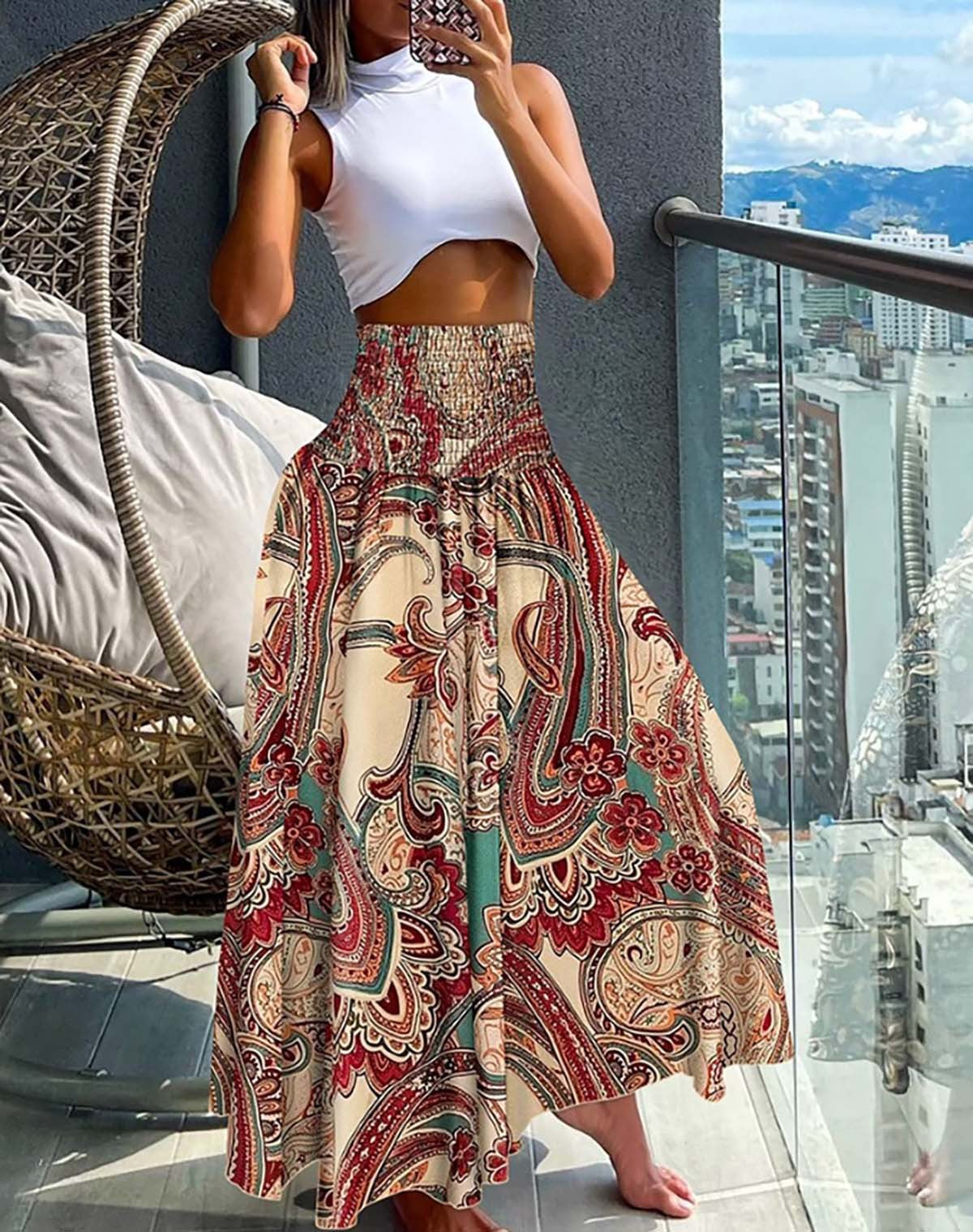 Boho Paisley Print Elastic Waist Maxi Skirt - Apricot