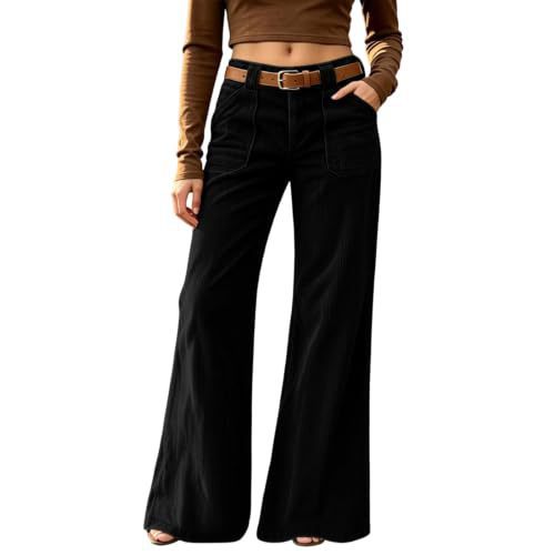 Corduroy Front Patch Pocket Wide Leg Pants - Black