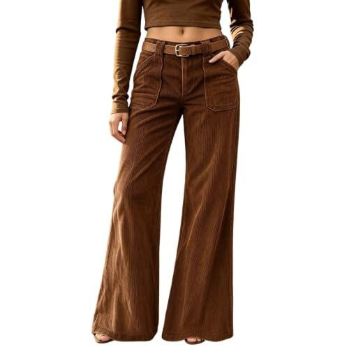 Corduroy Front Patch Pocket Wide Leg Pants - Brown