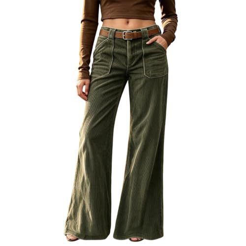 Corduroy Front Patch Pocket Wide Leg Pants - Green
