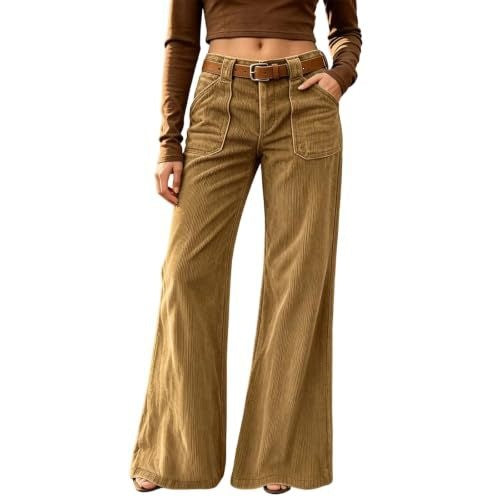 Corduroy Front Patch Pocket Wide Leg Pants - Khaki - 4