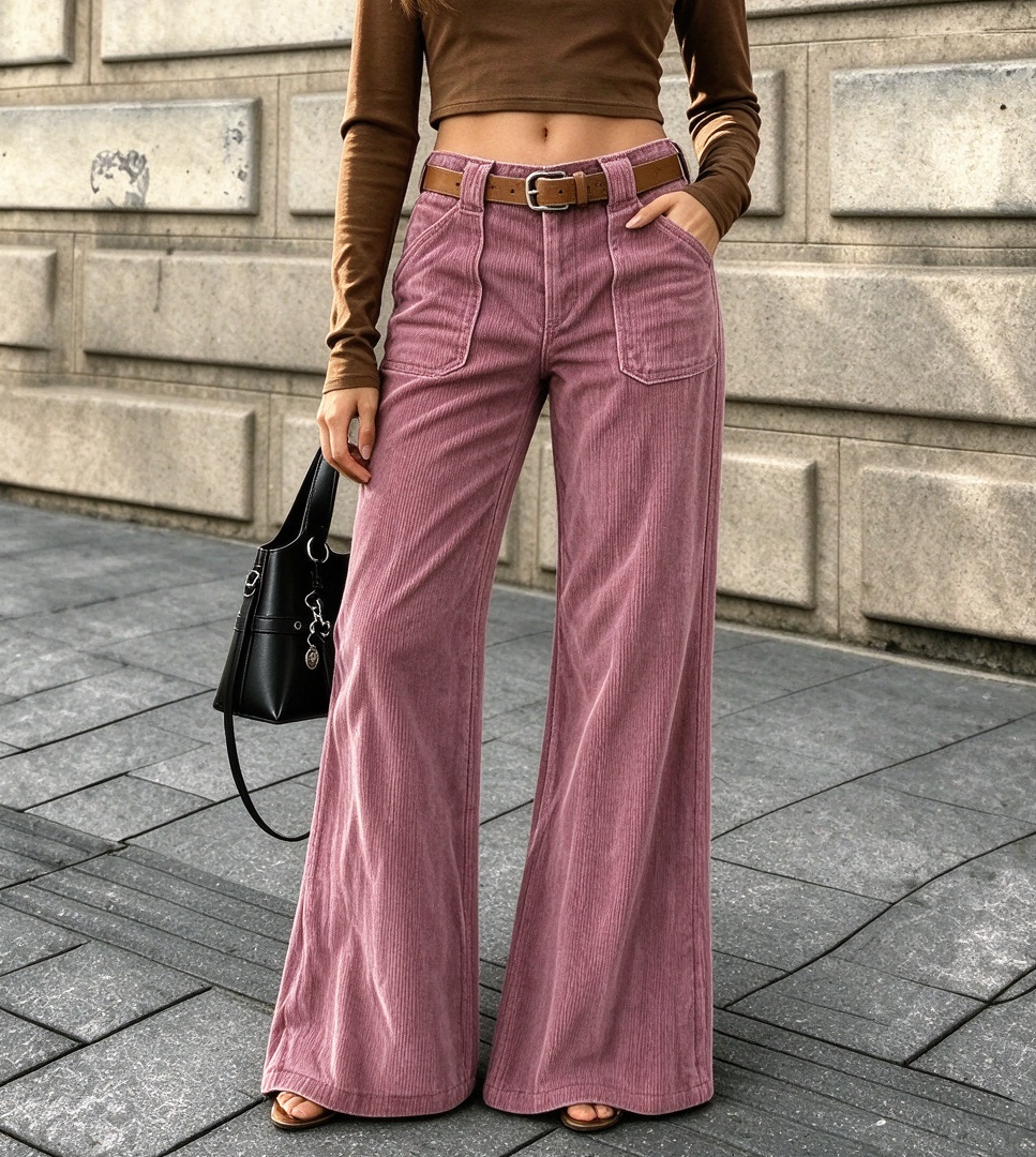 Corduroy Front Patch Pocket Wide Leg Pants - Pink