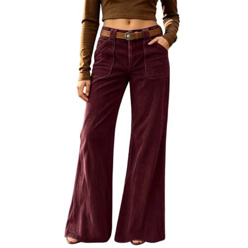 Corduroy Front Patch Pocket Wide Leg Pants - Wine_Red