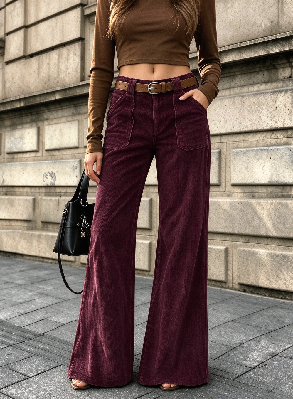 Corduroy Front Patch Pocket Wide Leg Pants - Wine_Red - 1