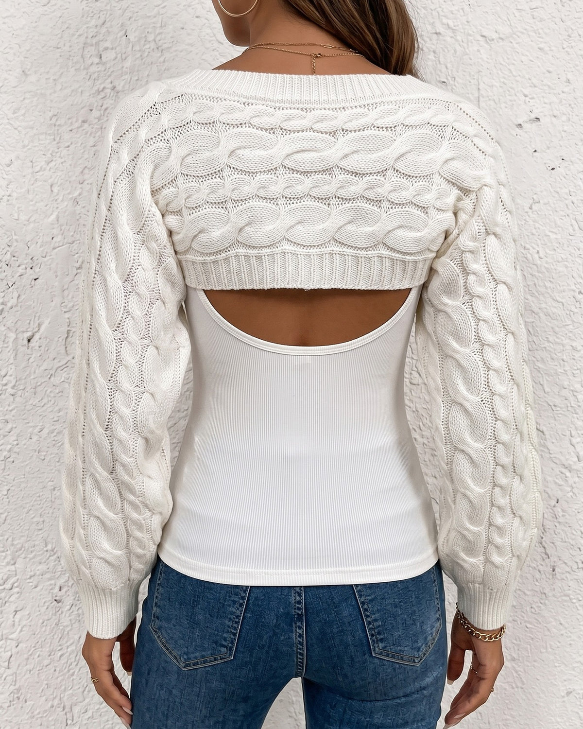 Balloon Sleeve Cable Knit Cropped Shrug Sweater - White - 1