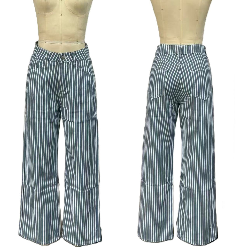 Retro Pinstripe High Waist Wide Leg Jeans - Blue
