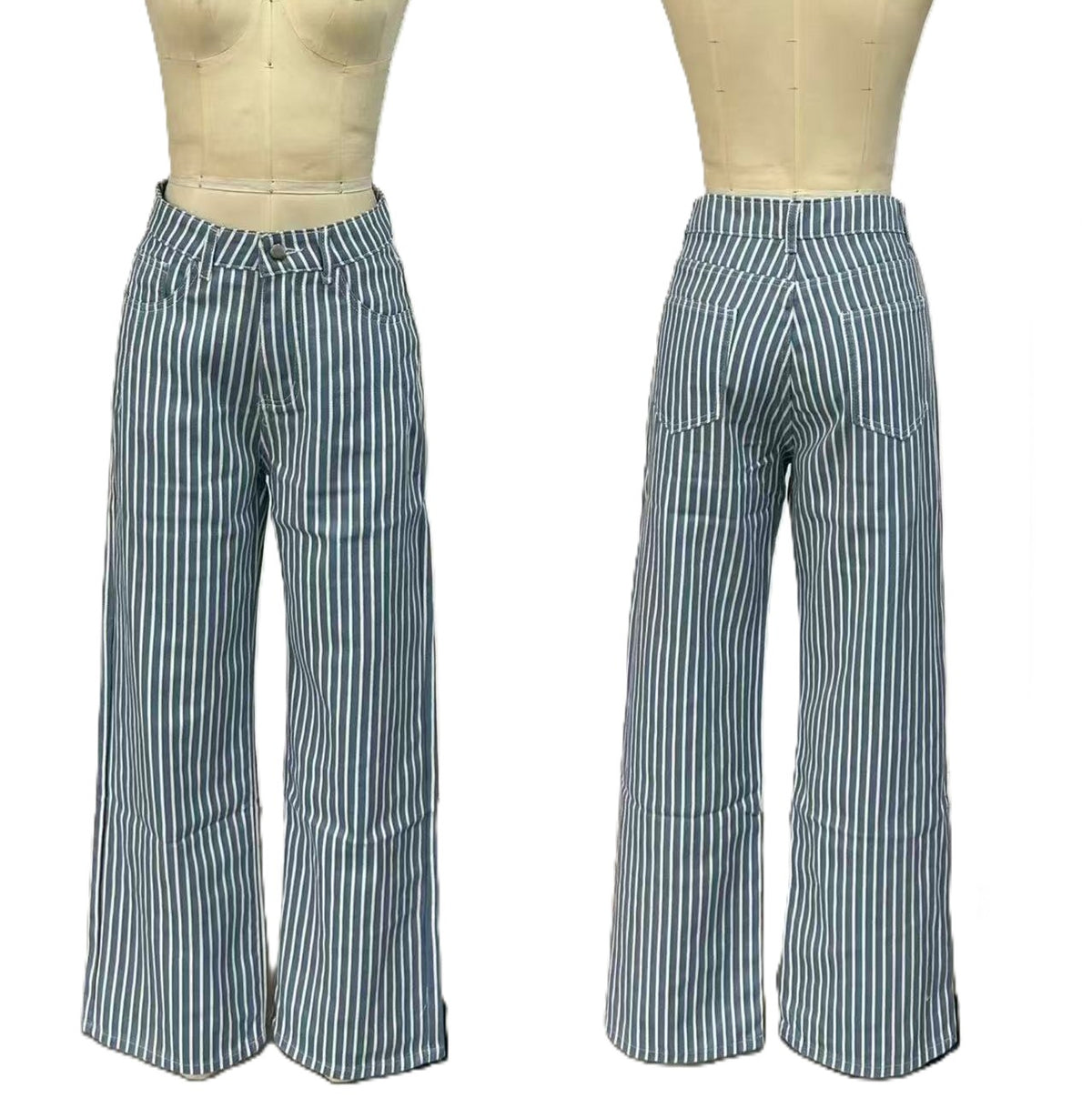 Retro Pinstripe High Waist Wide Leg Jeans - Blue