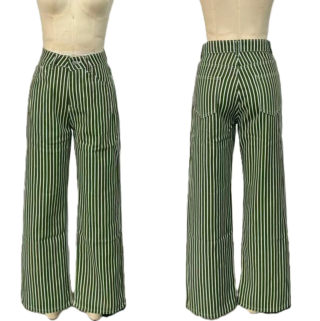 Retro Pinstripe High Waist Wide Leg Jeans - Green