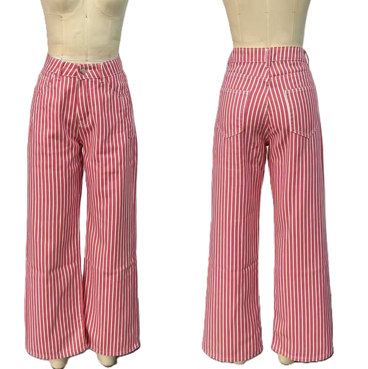 Retro Pinstripe High Waist Wide Leg Jeans - Pink