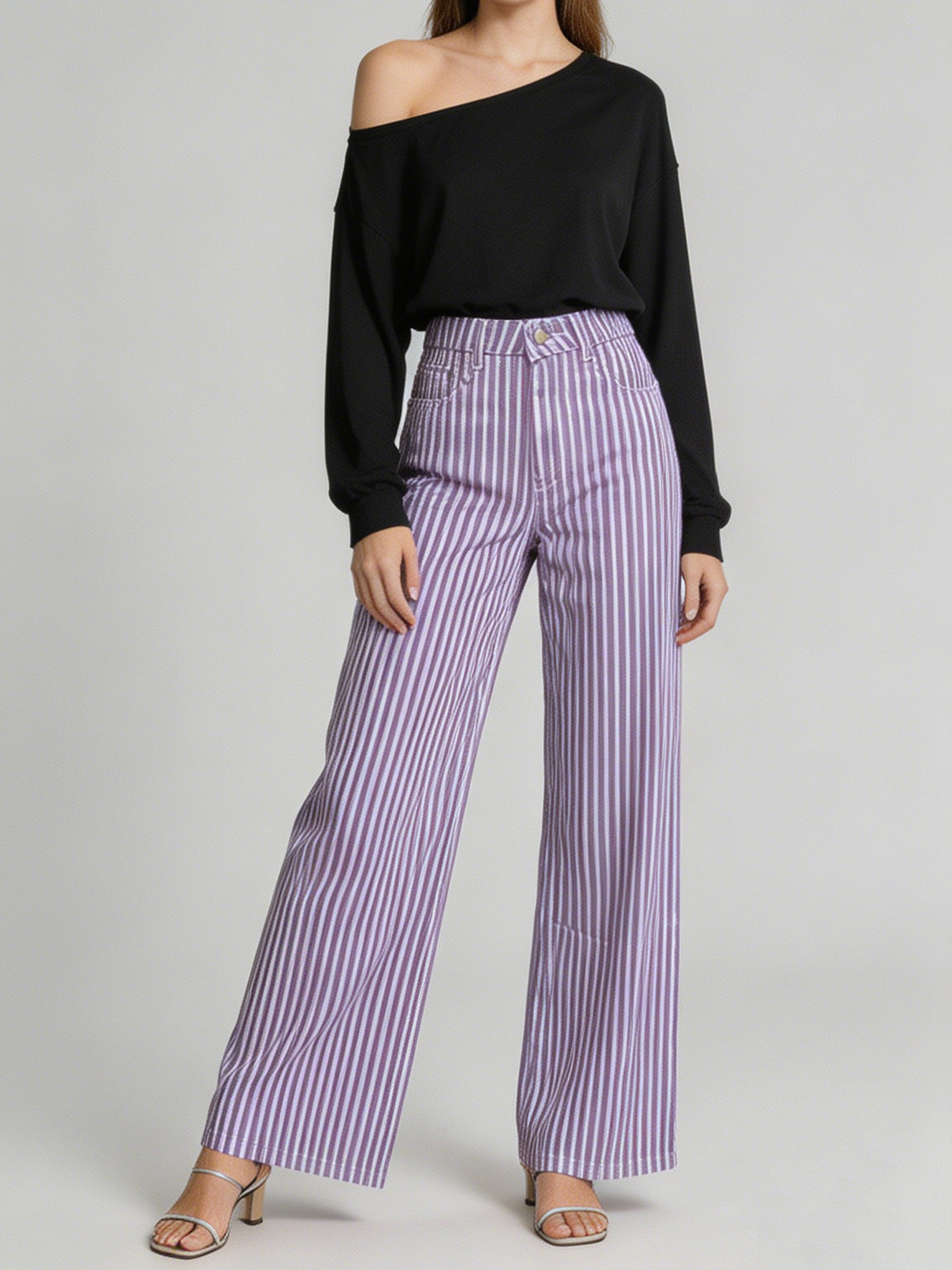 Retro Pinstripe High Waist Wide Leg Jeans - Purple