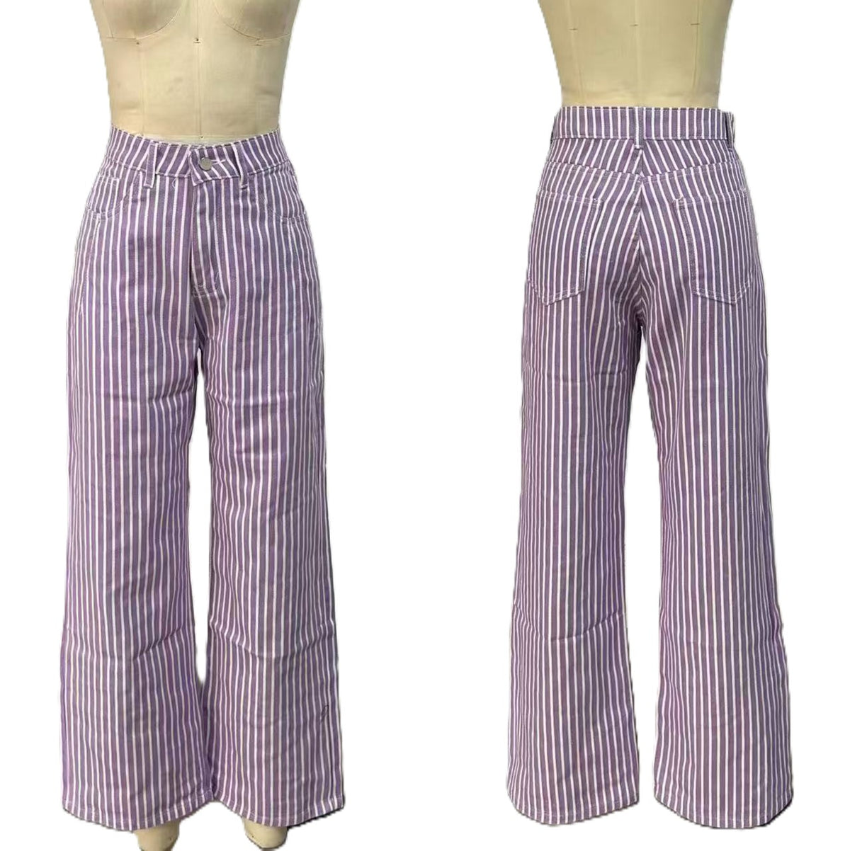 Retro Pinstripe High Waist Wide Leg Jeans - Purple - 1