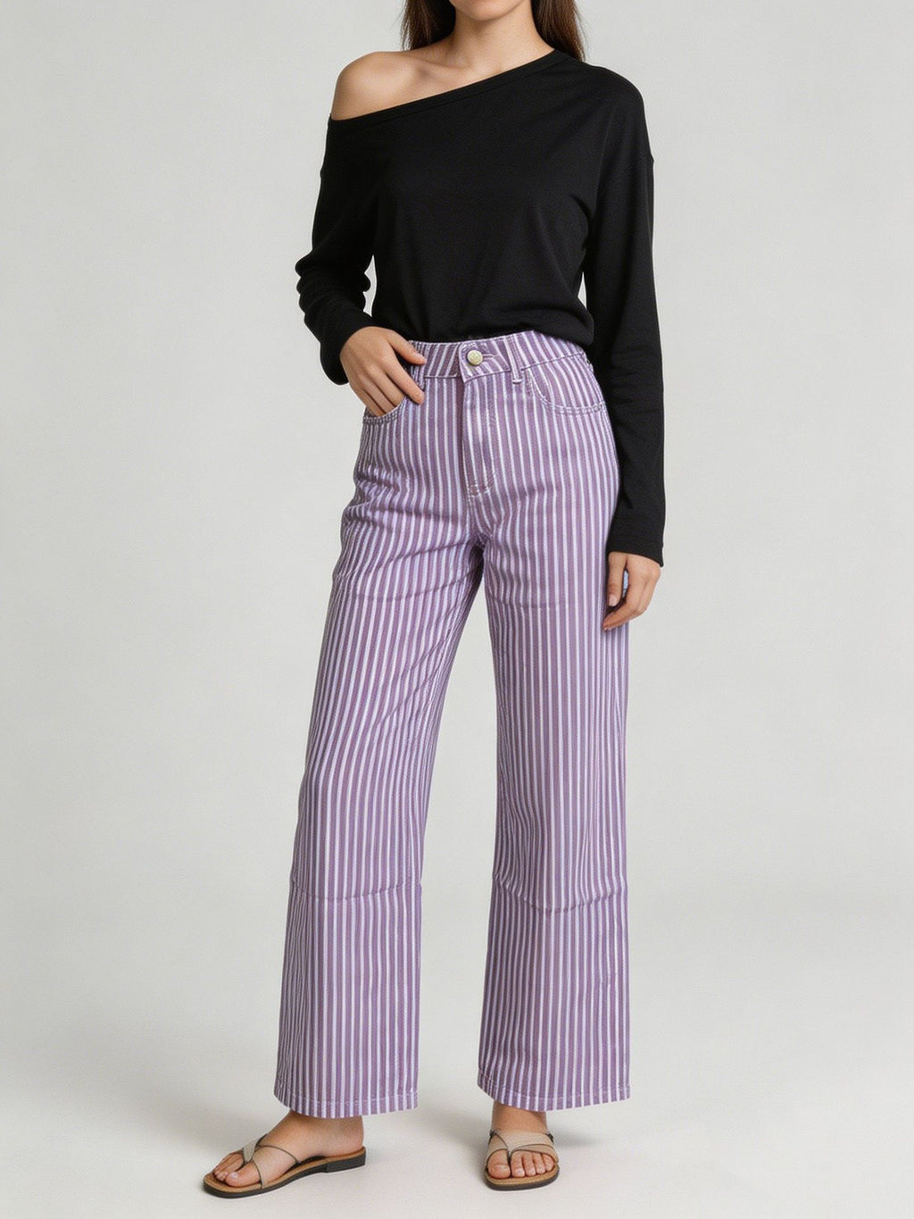 Retro Pinstripe High Waist Wide Leg Jeans - Purple - 2