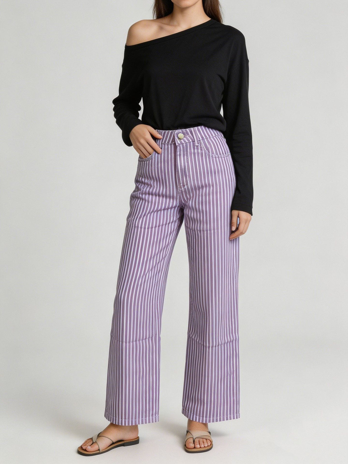 Retro Pinstripe High Waist Wide Leg Jeans - Purple - 2