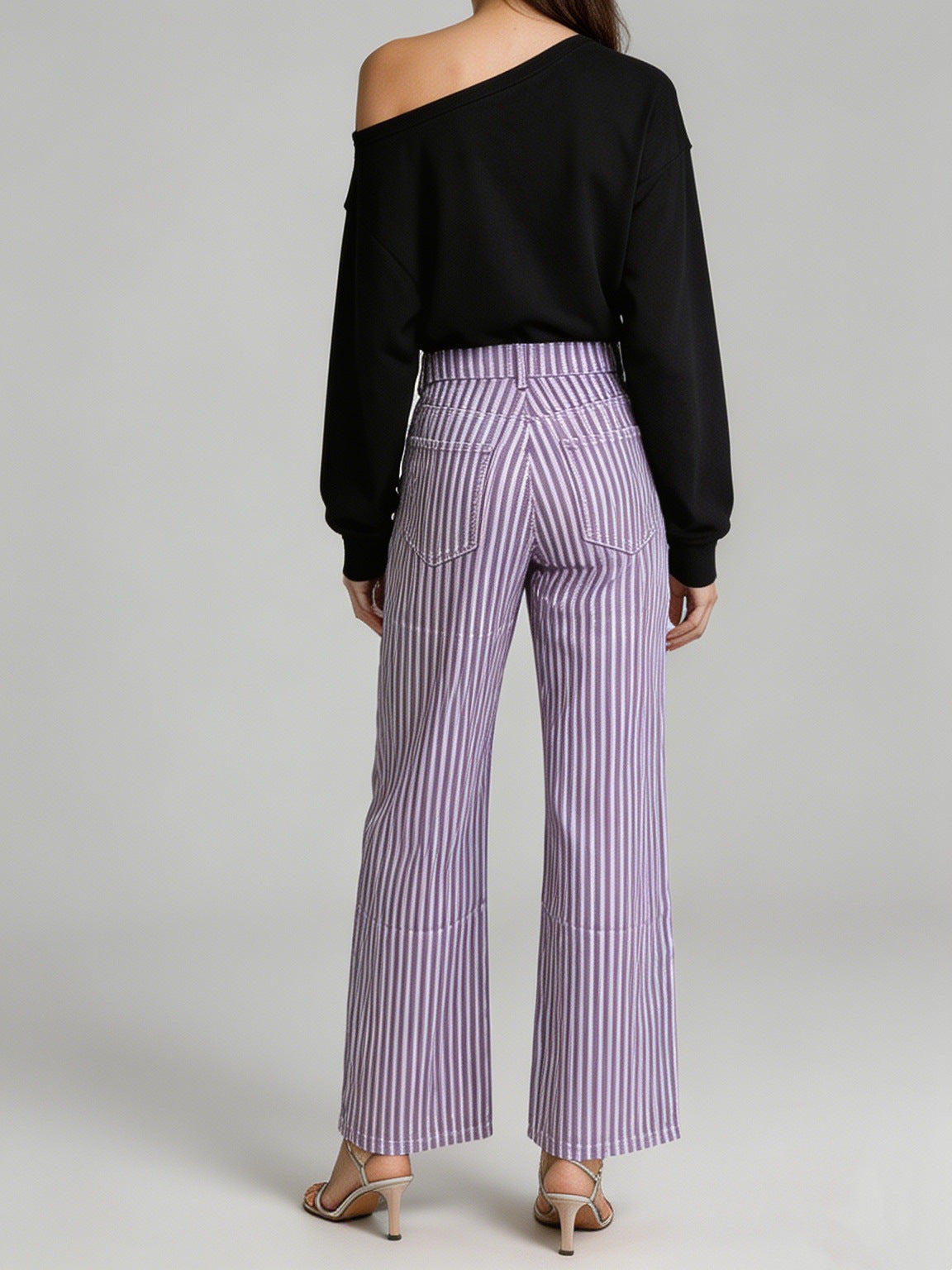 Retro Pinstripe High Waist Wide Leg Jeans - Purple - 3