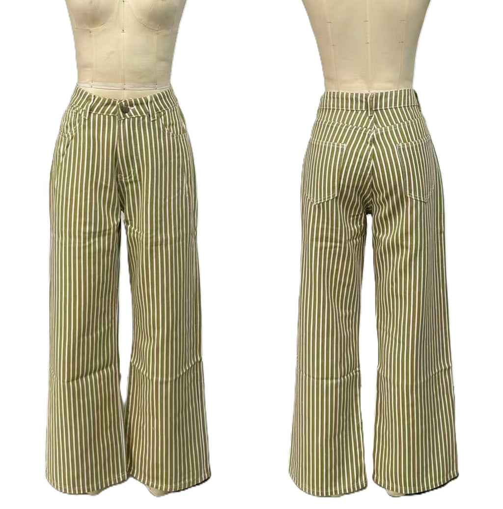 Retro Pinstripe High Waist Wide Leg Jeans - Yellow