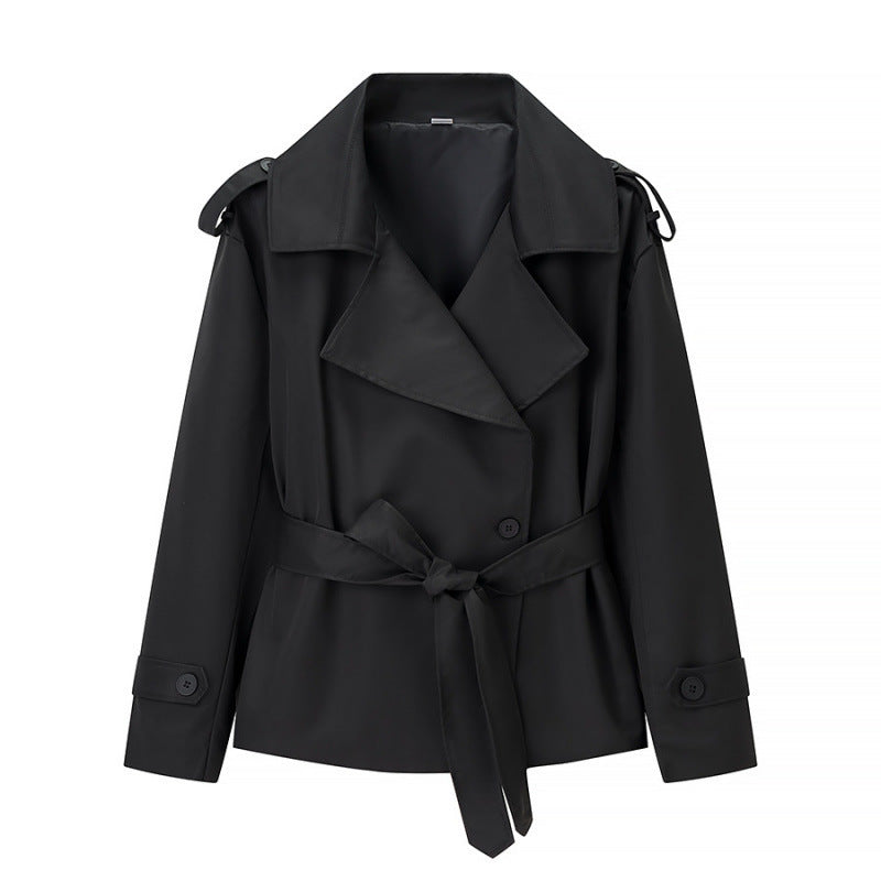 Belted Notch Lapel Cropped Trench Jacket - Black