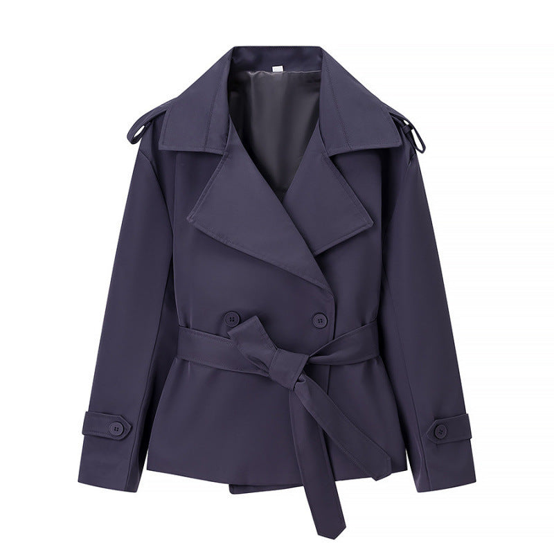 Belted Notch Lapel Cropped Trench Jacket - Blue
