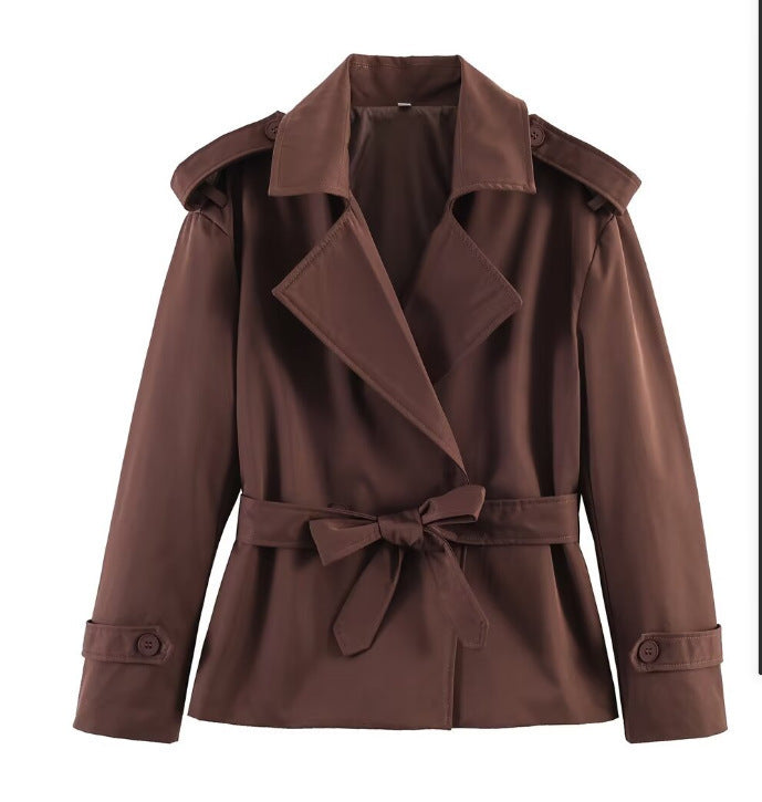 Belted Notch Lapel Cropped Trench Jacket - Coffee
