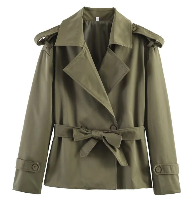 Belted Notch Lapel Cropped Trench Jacket - Green