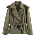 Belted Notch Lapel Cropped Trench Jacket - Green
