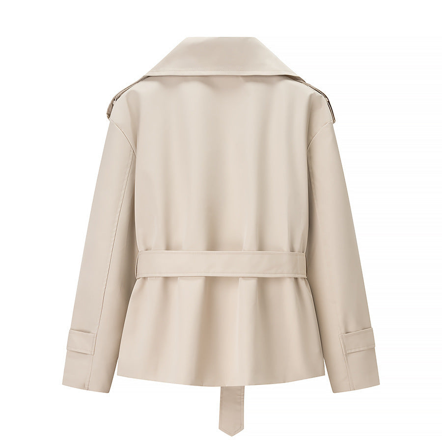 Belted Notch Lapel Cropped Trench Jacket - Ivory - 1
