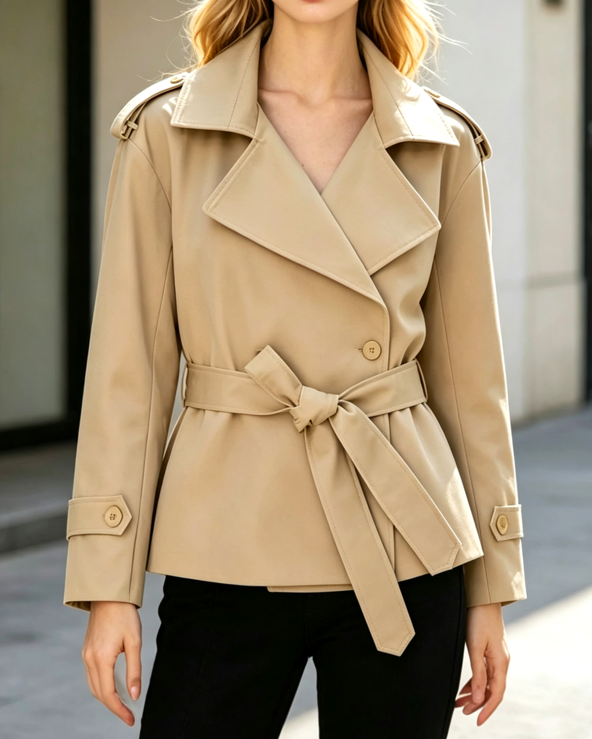 Belted Notch Lapel Cropped Trench Jacket - Khaki