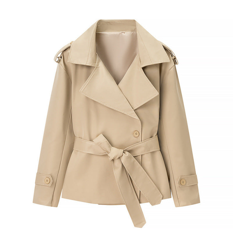 Belted Notch Lapel Cropped Trench Jacket - Khaki - 1