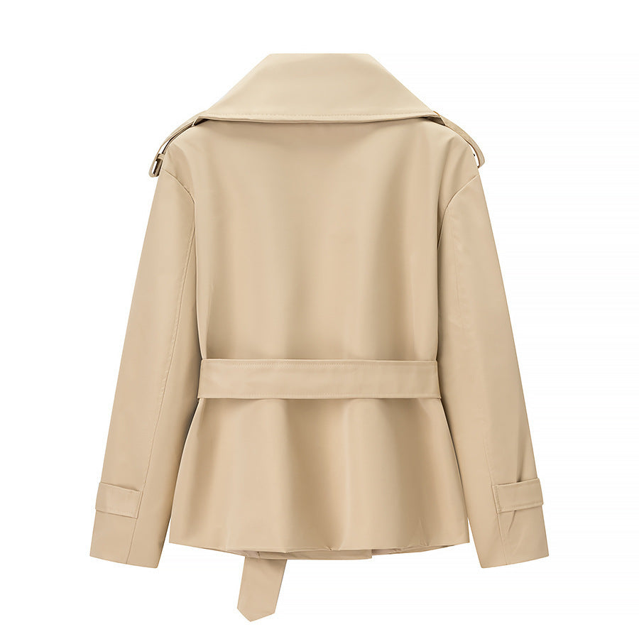 Belted Notch Lapel Cropped Trench Jacket - Khaki - 2