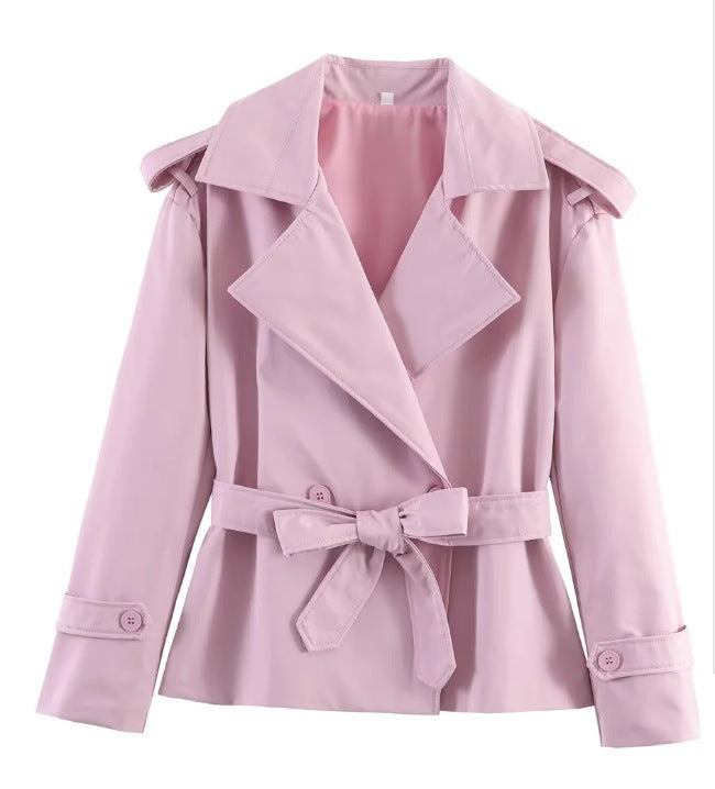 Belted Notch Lapel Cropped Trench Jacket - Pink