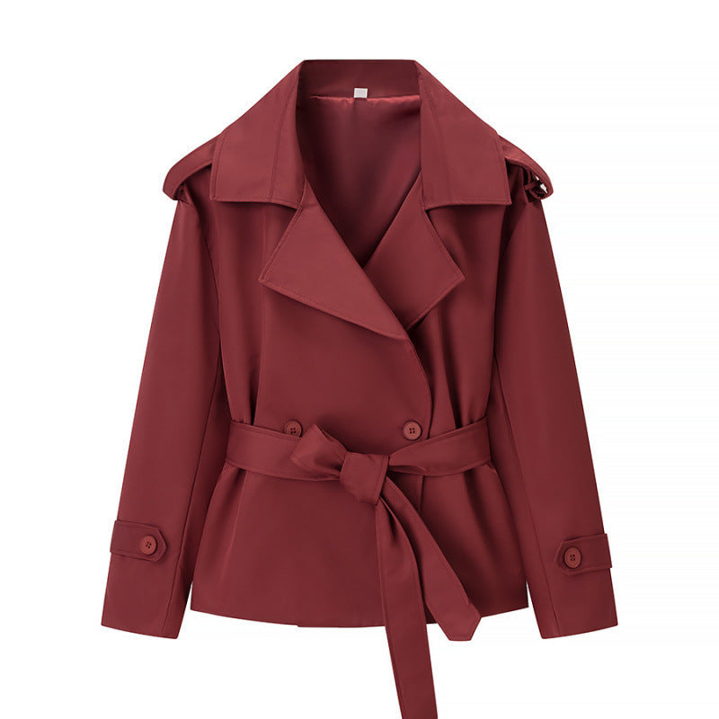Belted Notch Lapel Cropped Trench Jacket - Red
