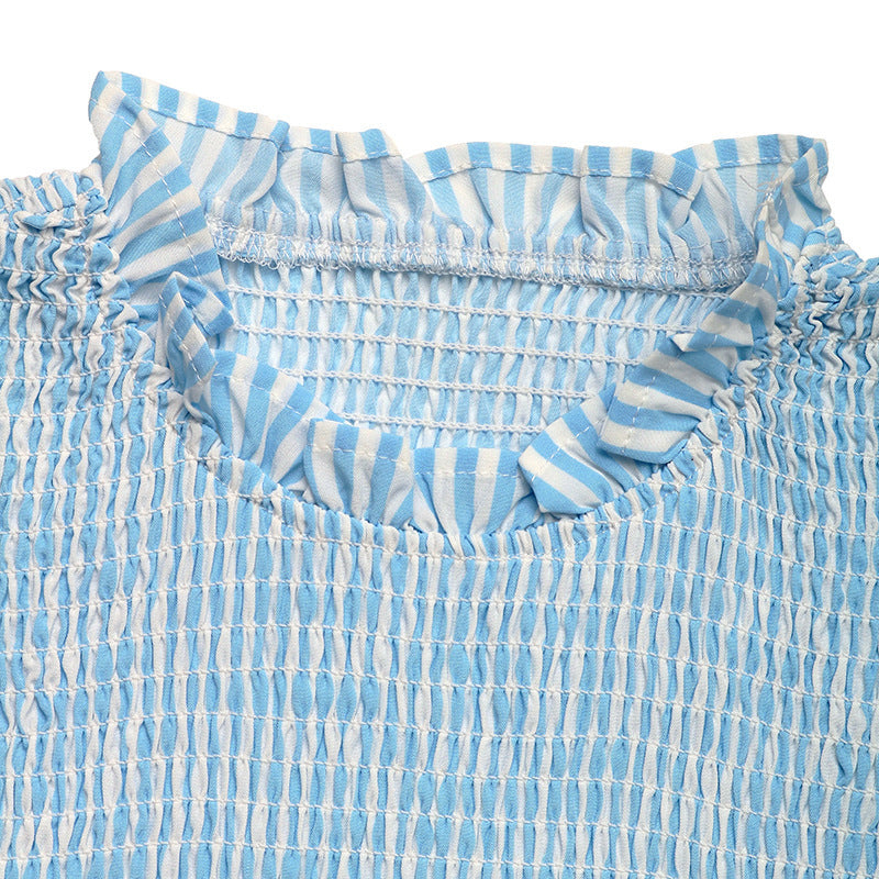 Smocked Bodice Lace Trim Striped Maxi Dress - Blue - 1