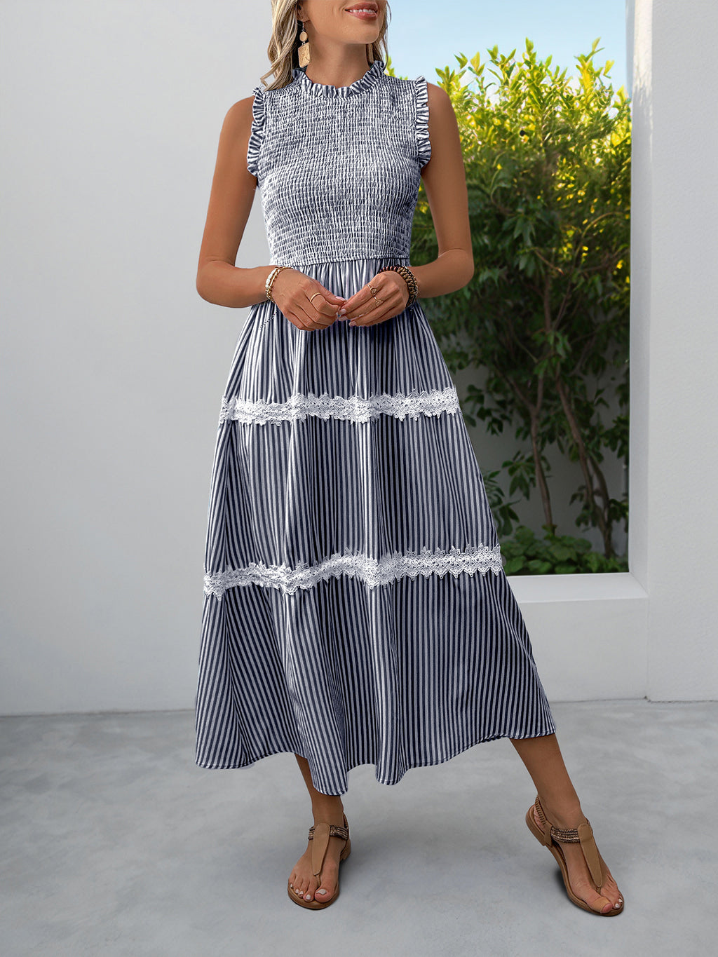 Smocked Bodice Lace Trim Striped Maxi Dress - Darkblue