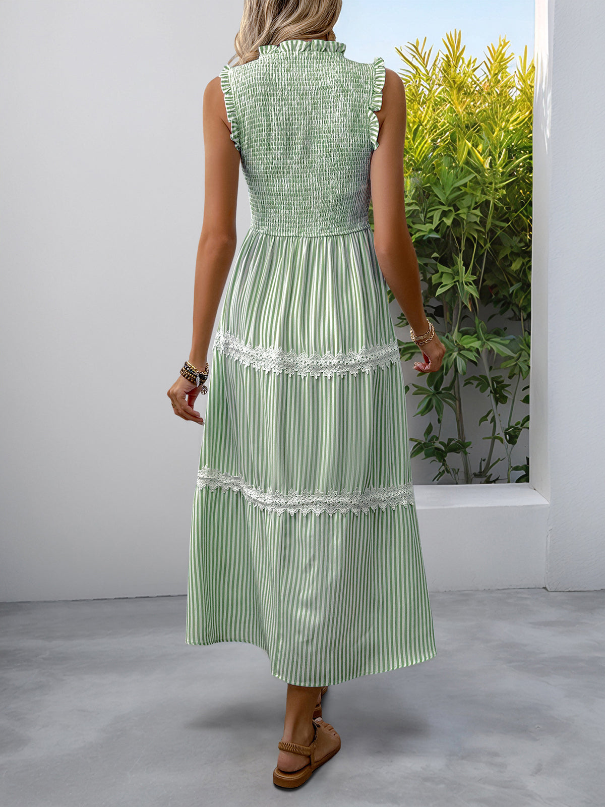 Smocked Bodice Lace Trim Striped Maxi Dress - Green - 1