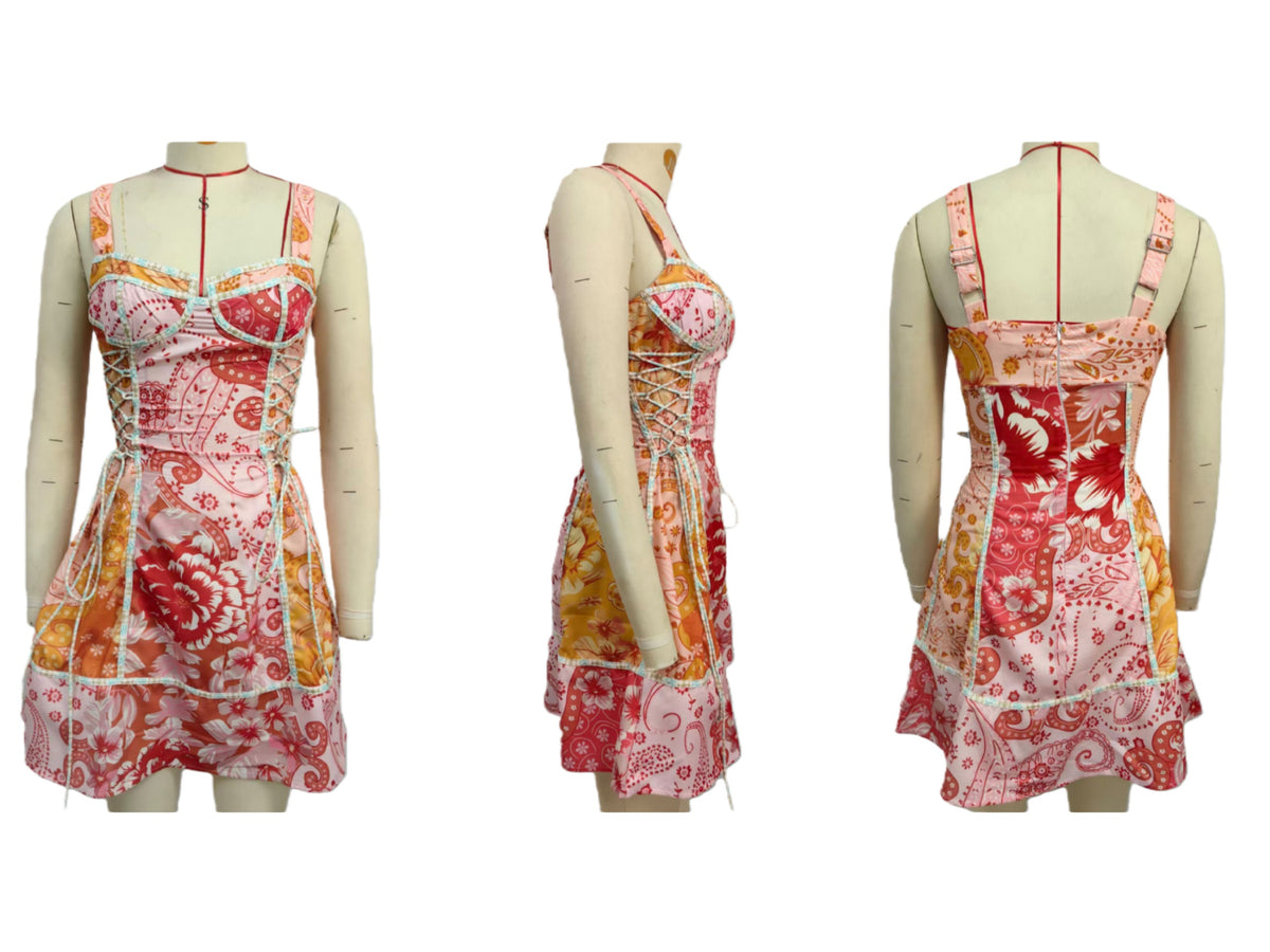 Paisley Floral Corset Lace Up Mini Dress - Red - 1