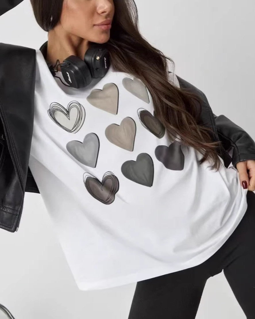 Scattered Hearts Oversized Drop Shoulder Tee - White - 1